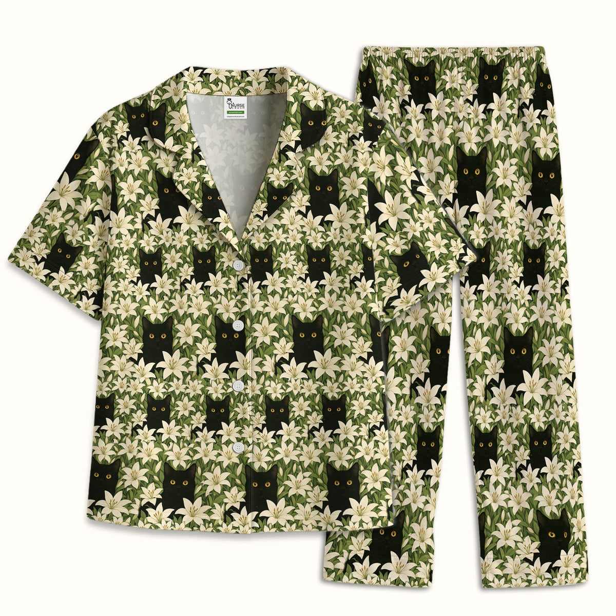 Black Cat Hidden In Lily Garden Pajama Set