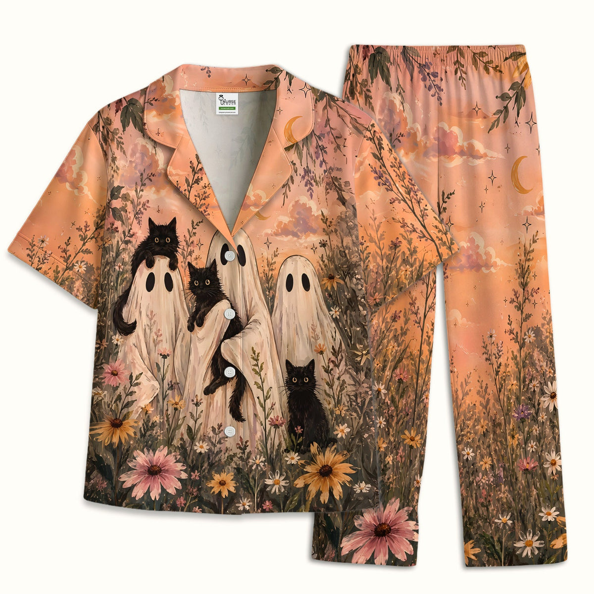 Ghosts Black Cats Pajama Set - Halloween Gift For Nurse