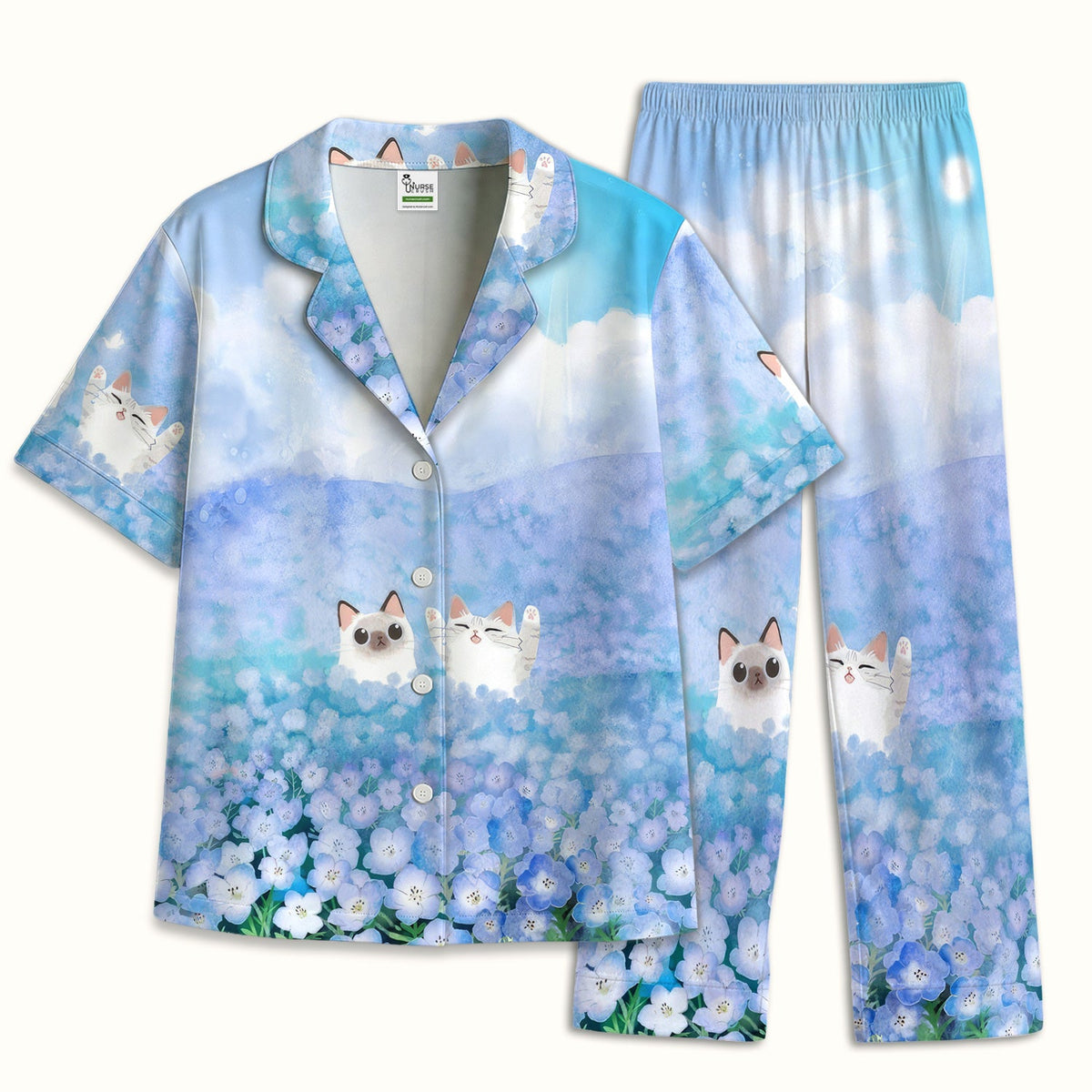 Dreamy Cat Cloud Hydrangea Nurse Pajama Set