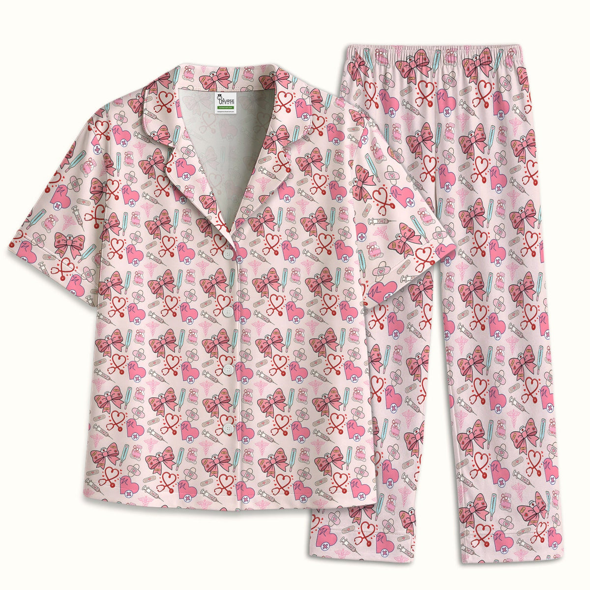 Pink Nurse Bow Heart Pajama Set