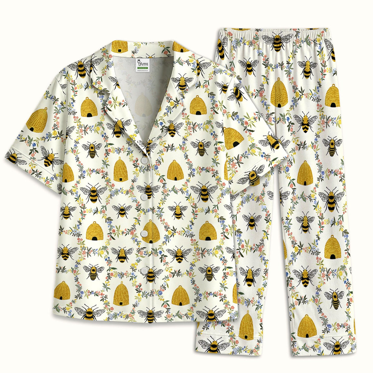 Honey Bee Beehive Floral Pajama Set For Nurse
