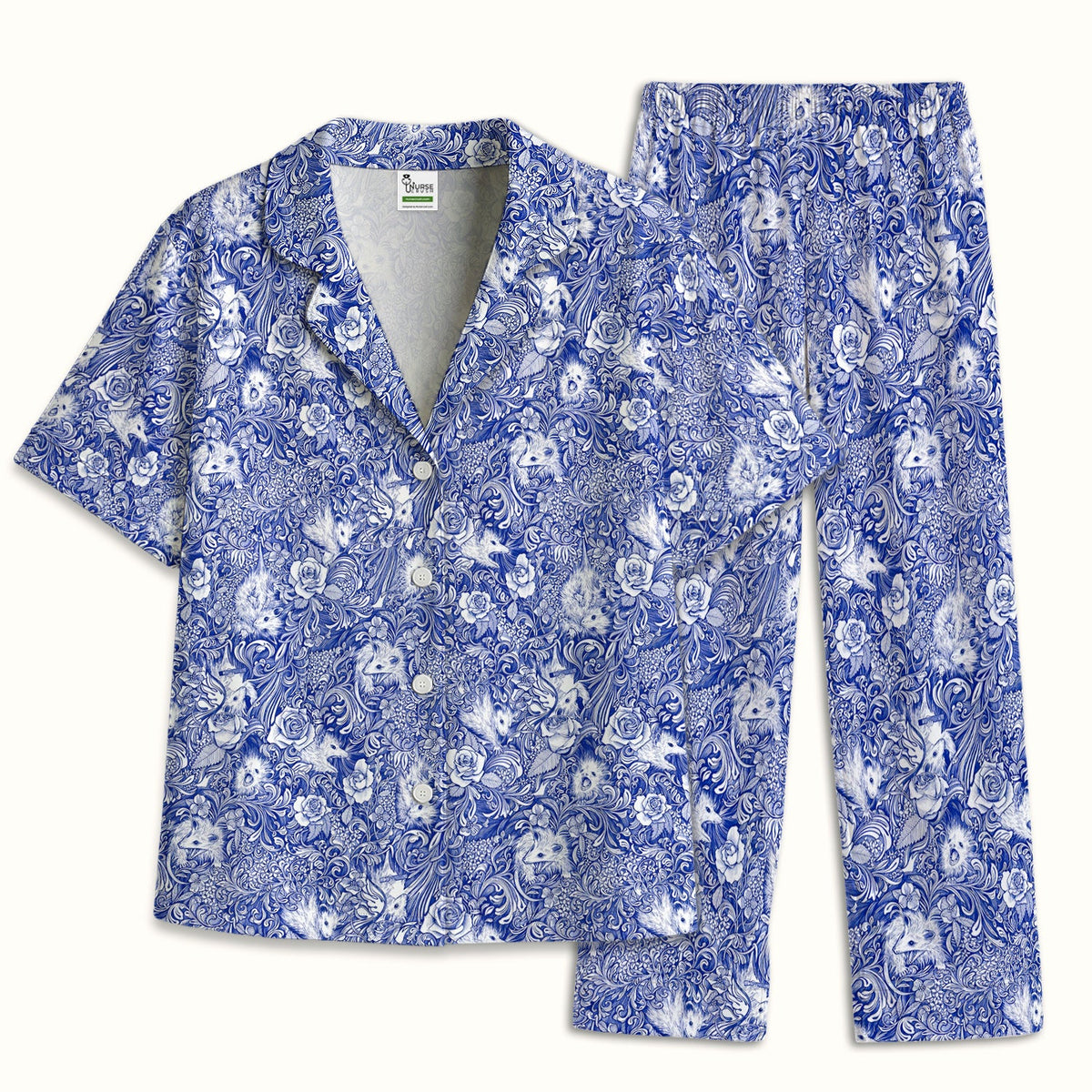 Blue Toile Opossum Floral Nurse Pajama Set