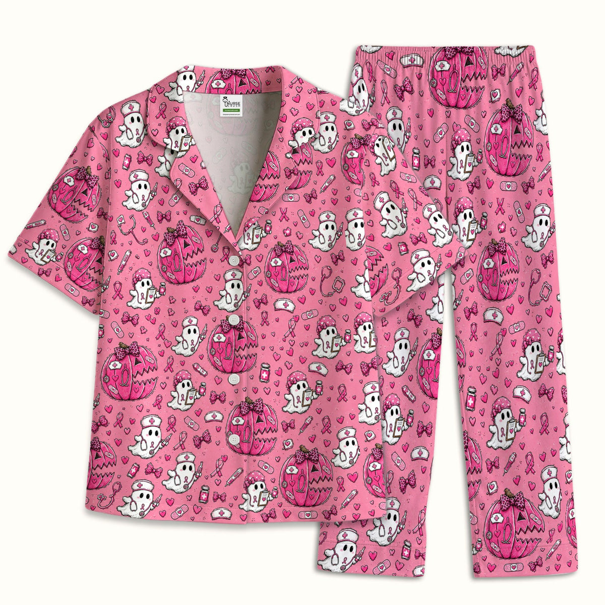 Pink Ribbon Ghost Pattern Pajama Set
