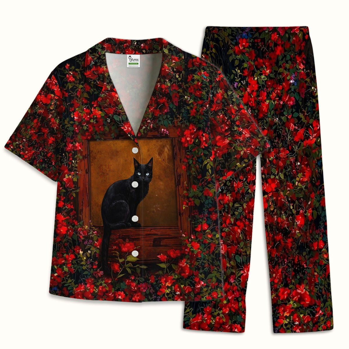 Black Cat By Red Floral Window Pajama Set