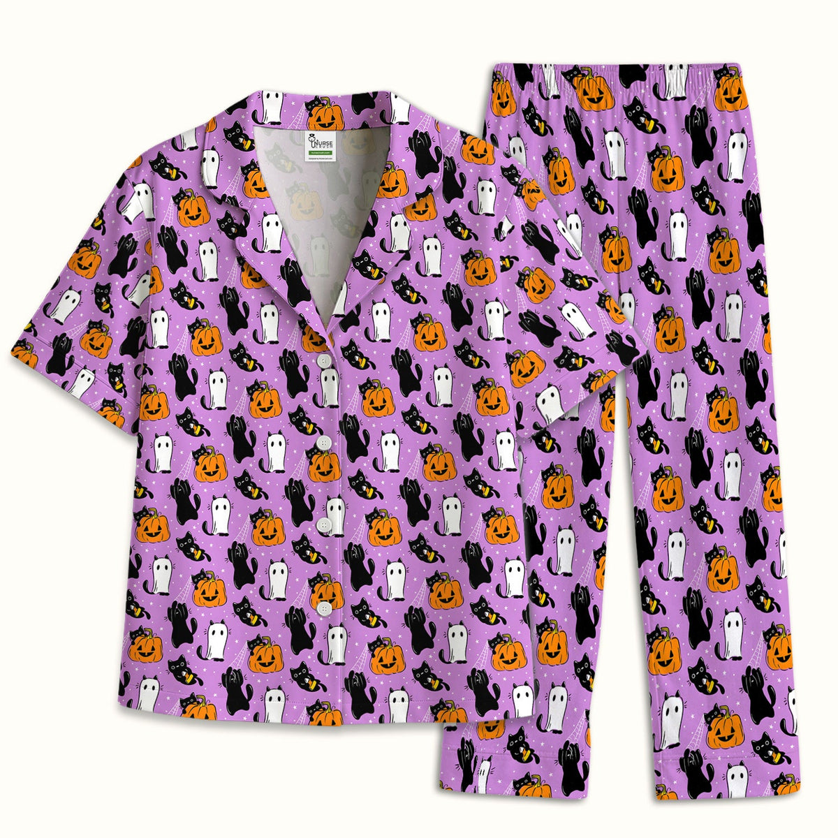 Purple Halloween Black Cat Pajama Set