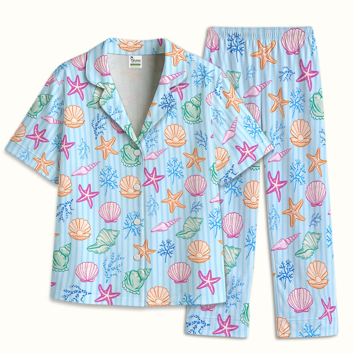 Colorful Seashell Starfish Ocean Stripe Pajama Set