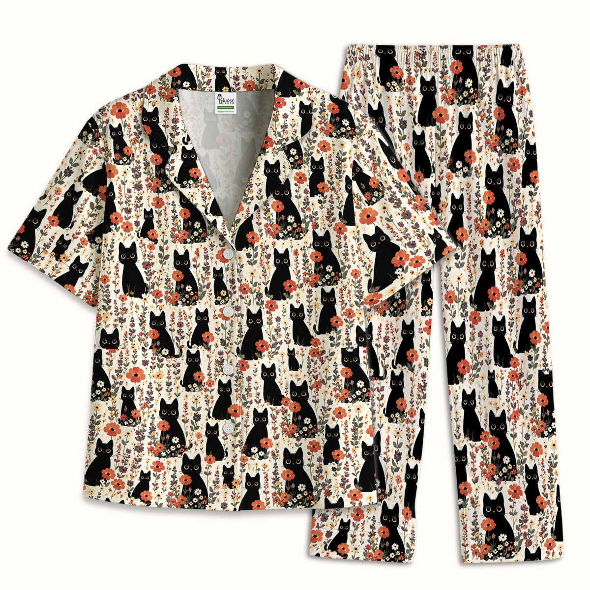 Cute Black Cat Wildflower Pajama Set