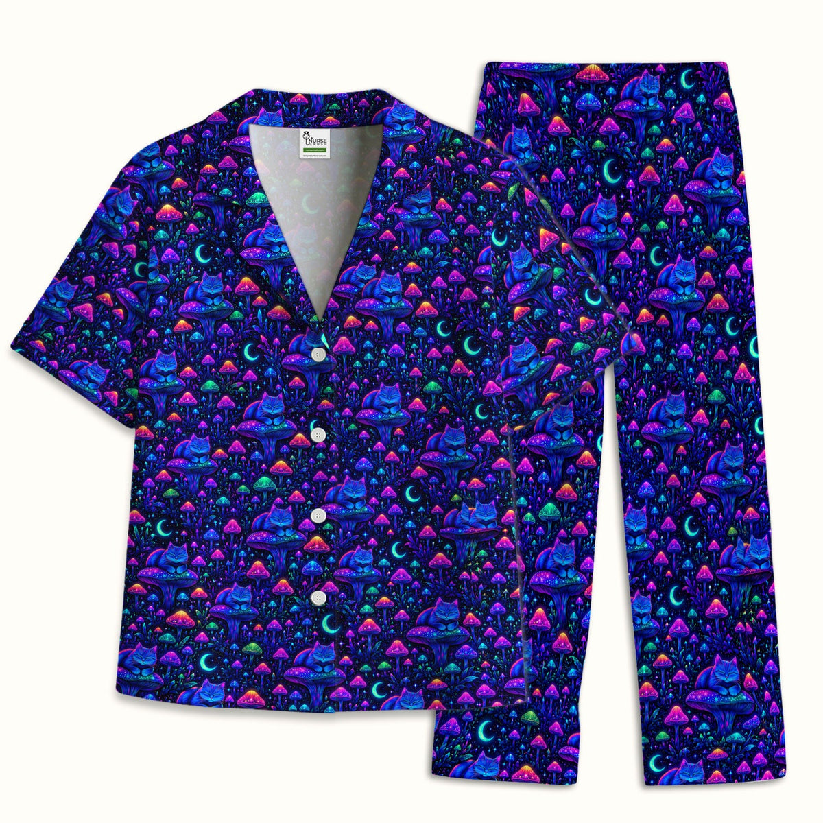 Neon Mushroom Cat Galaxy Pajama Set