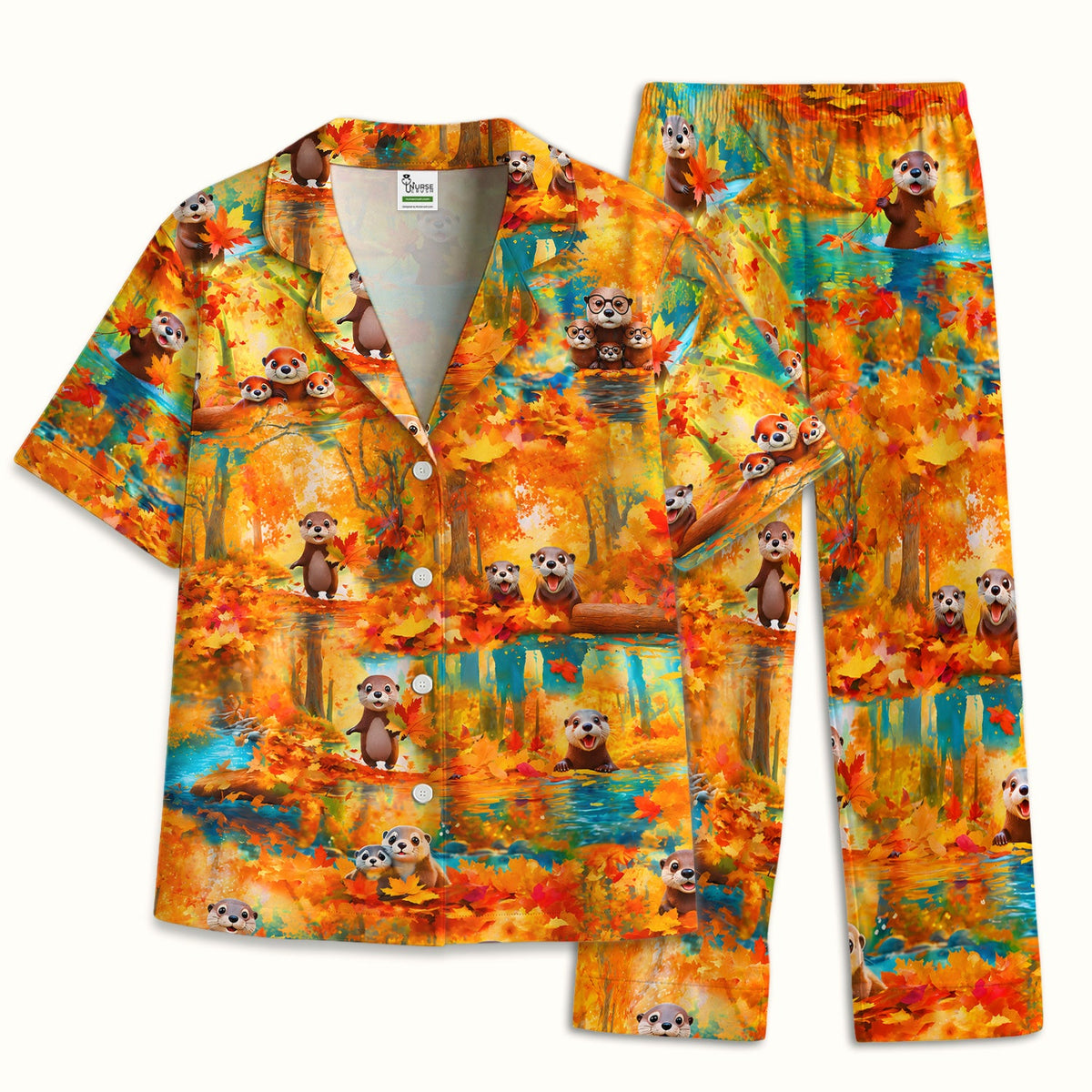 Cute Autumn Otter Leaf Forest Pajama Set