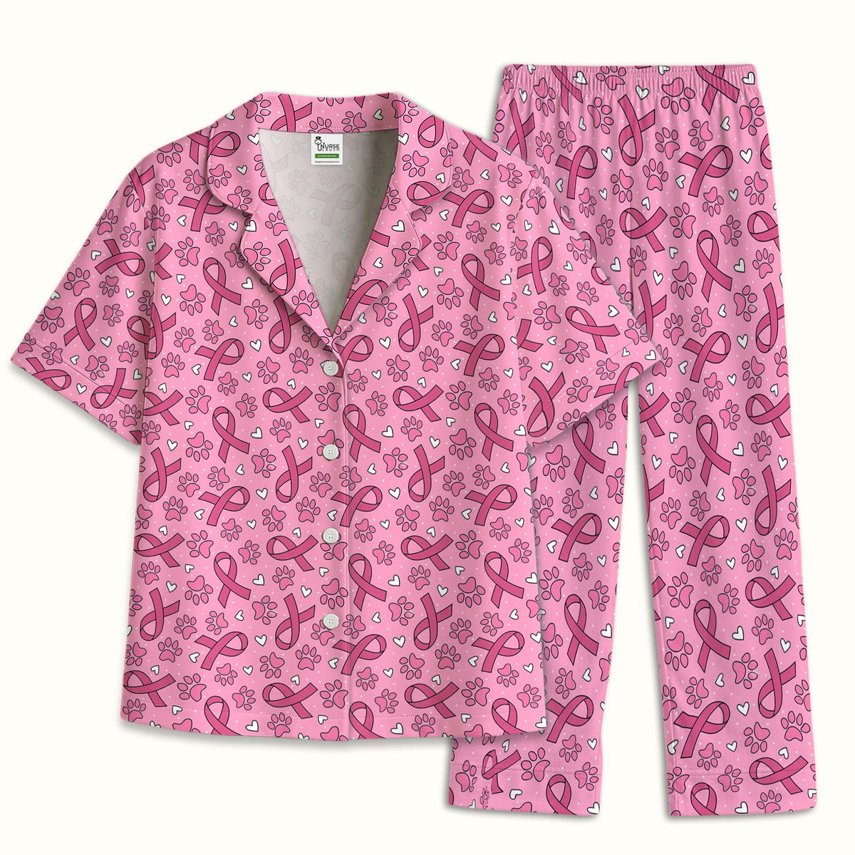 Pink Ribbon Paw Print Pajama Set