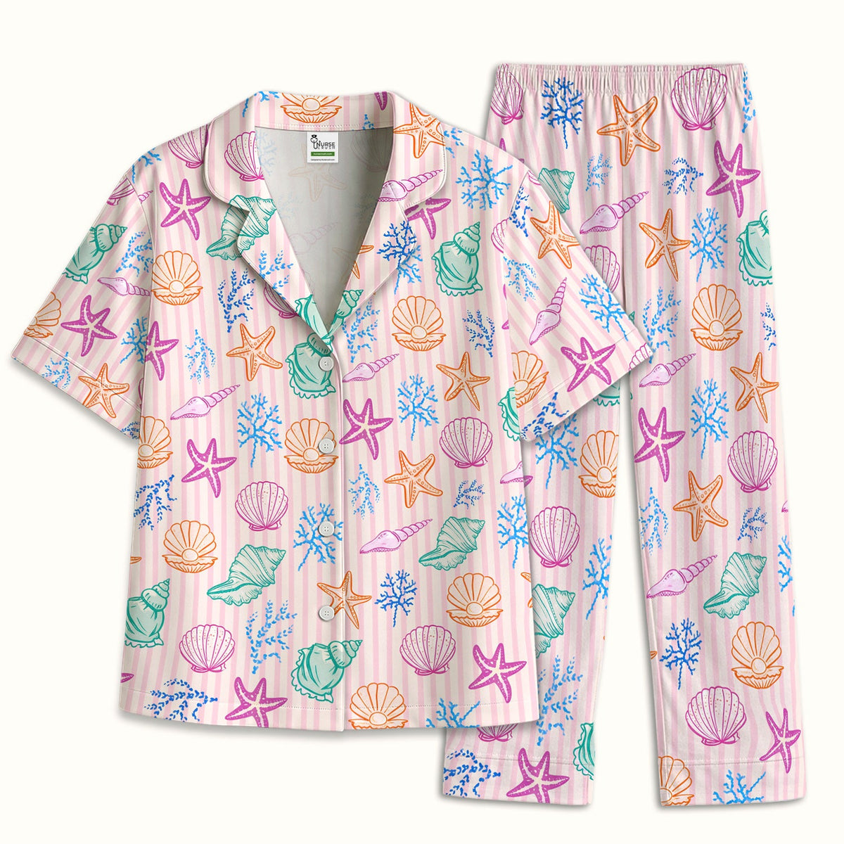 Colorful Seashell Starfish Ocean Stripe Pajama Set