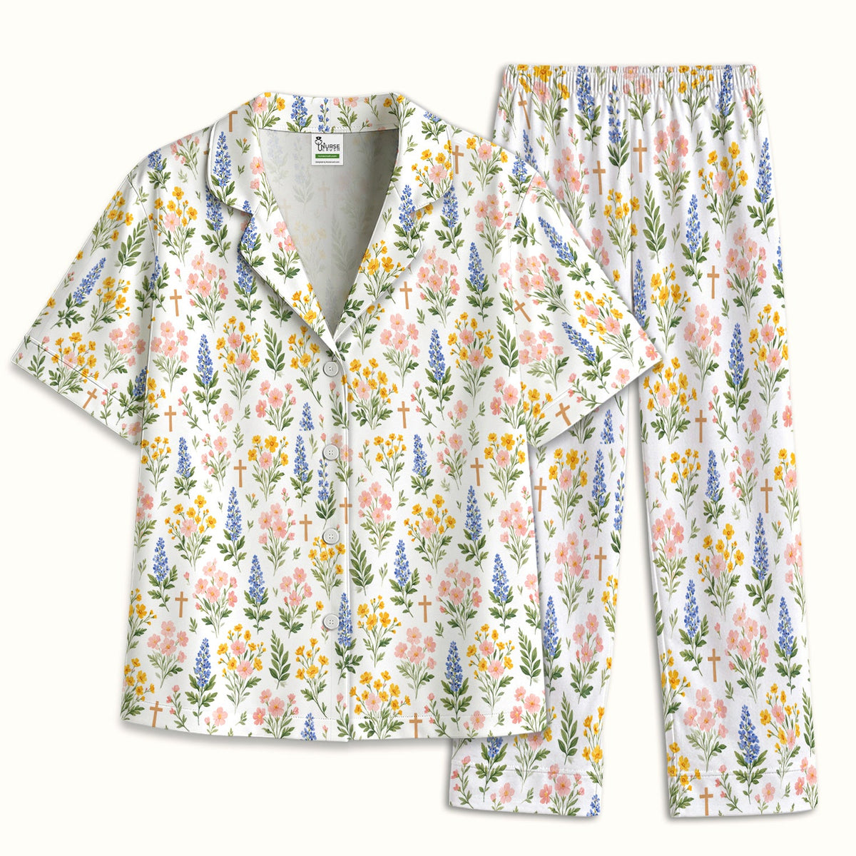 Pastel Floral Cross Nurse Pajama Set