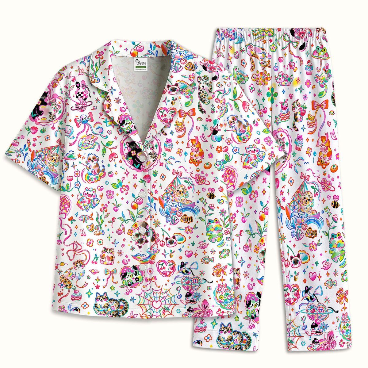 Colorful Kawaii Cat Heart Doodle Pajama Set