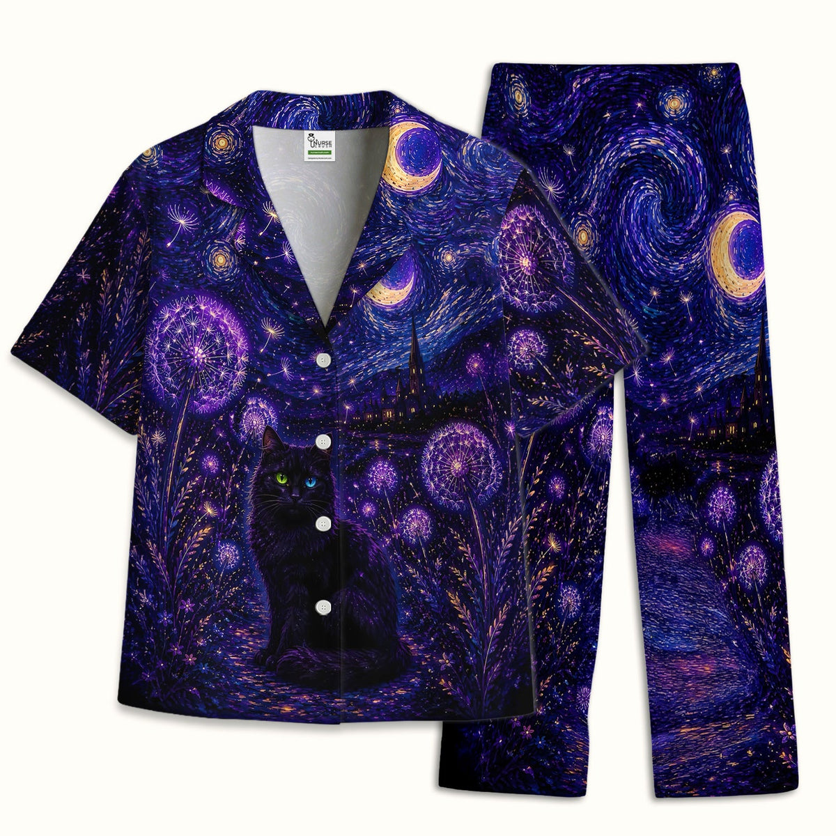 Mystical Black Cat Starry Night Pajama Set