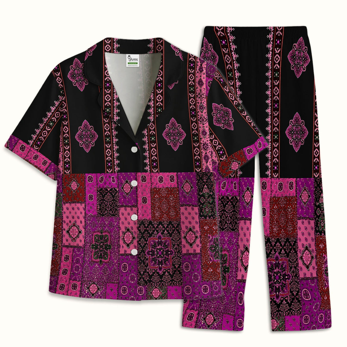 Boho Pink Bandana Patchwork Nurse Pajama Set