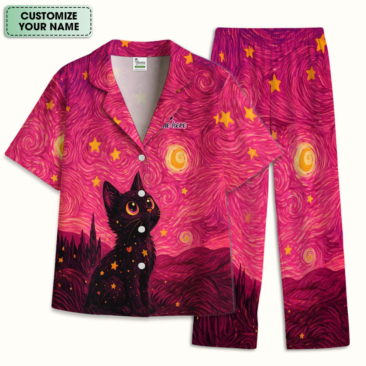 Personalized Black Cat Galaxy Star Swirl Pajama Set