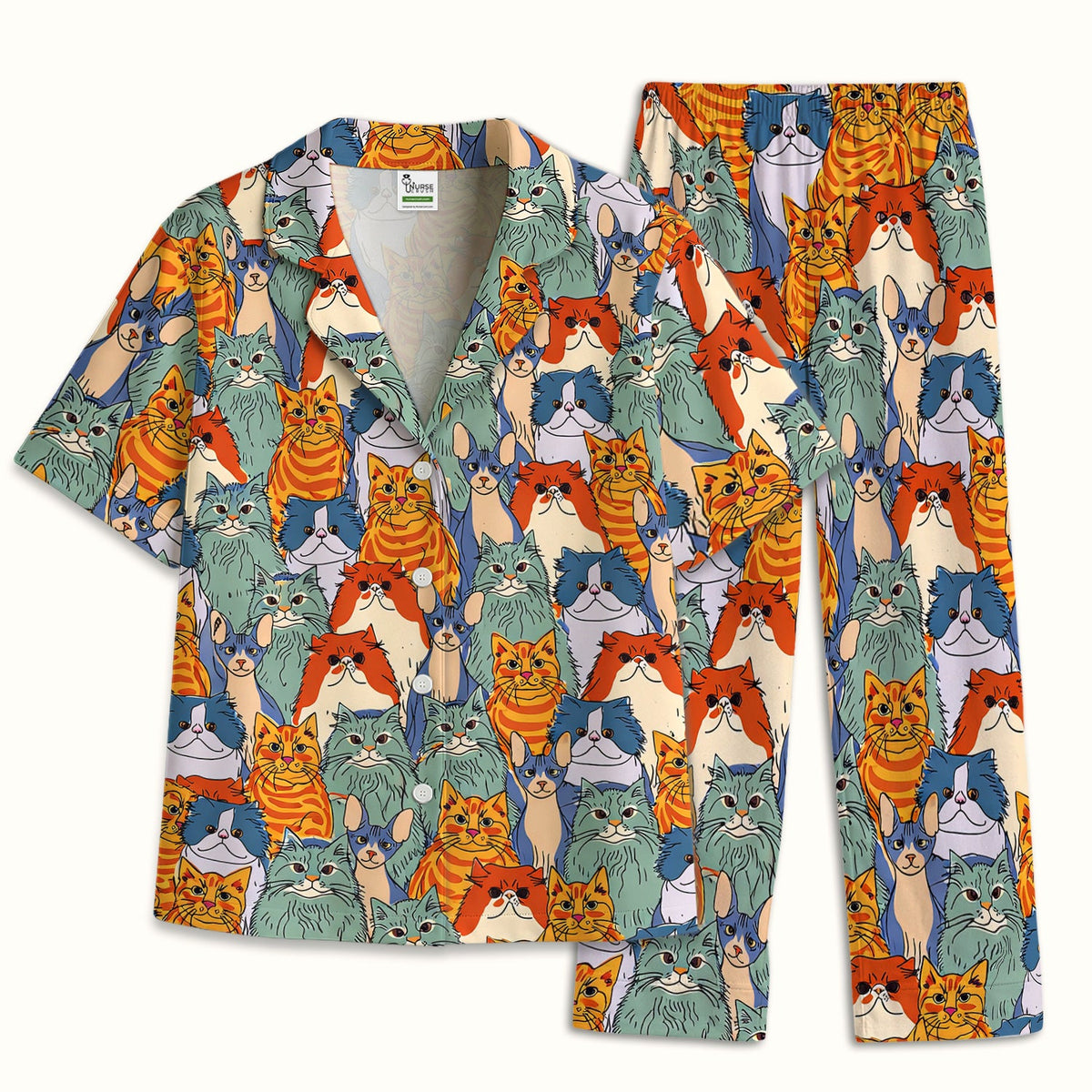 Multicolor Cat Faces Pajama Set