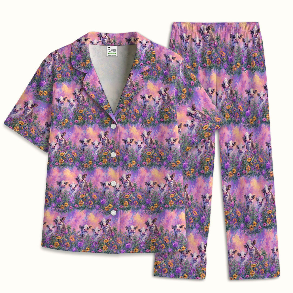 Pastel Cow Meadow Flower Nurse Pajama Set