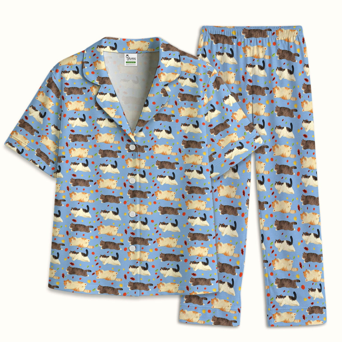 Personalized Chubby Cat Autumn Leaves Pajama Set