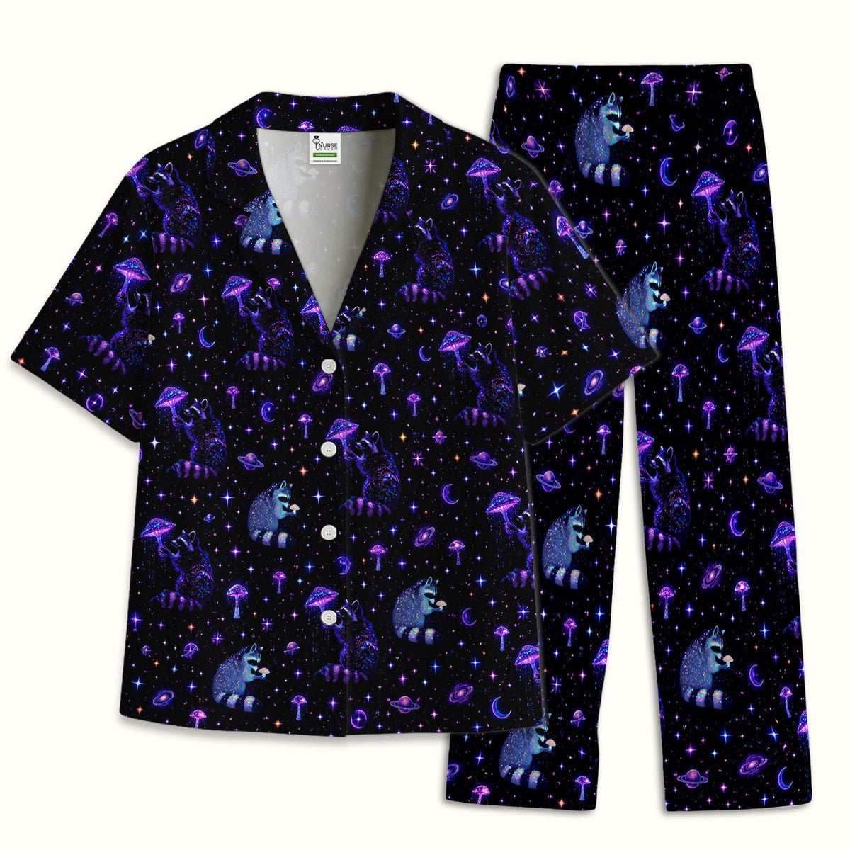 Raccoon Mushroom Galaxy Nurse Pajama Set
