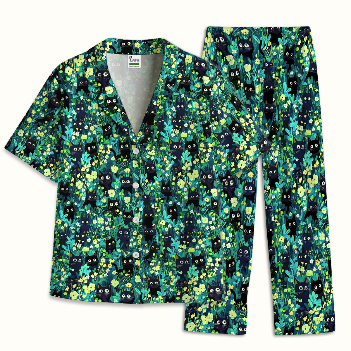 Black Cat Floral Pajama Set