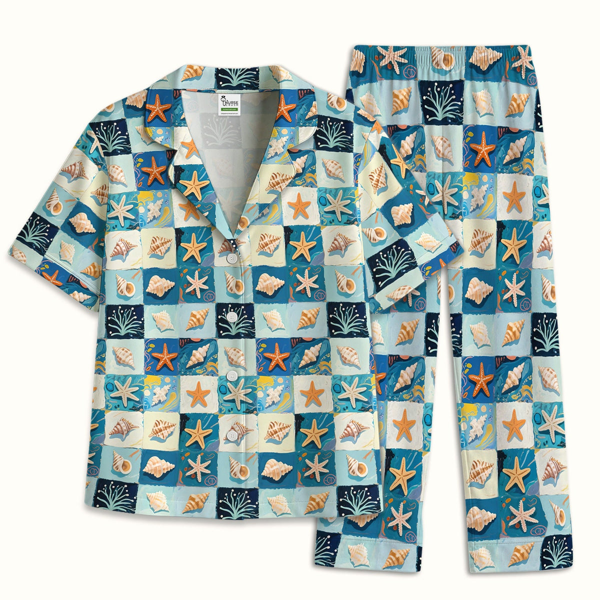 Seashell Starfish Ocean Tile Nurse Pajama Set
