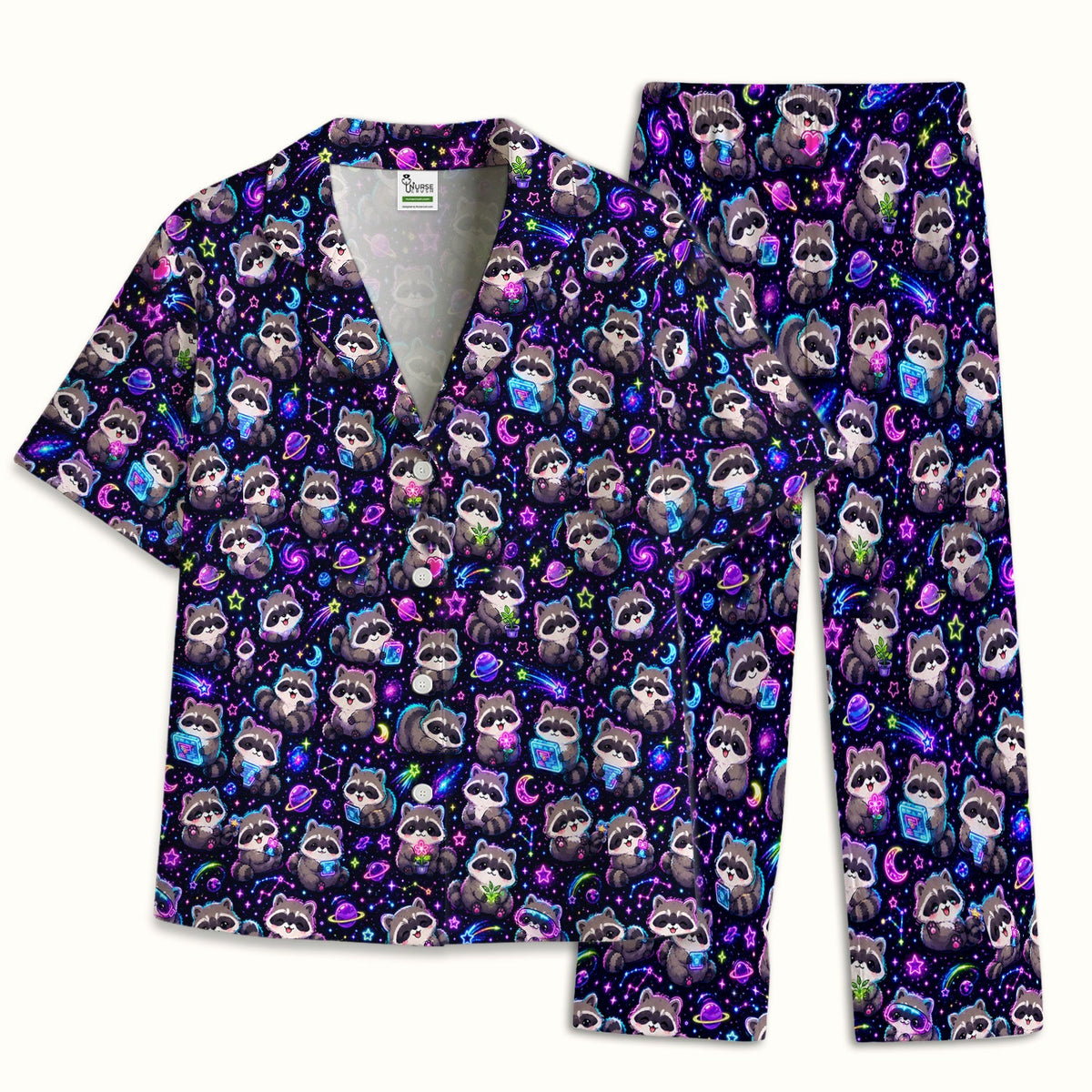 Neon Galaxy Raccoon Space Pajama Set