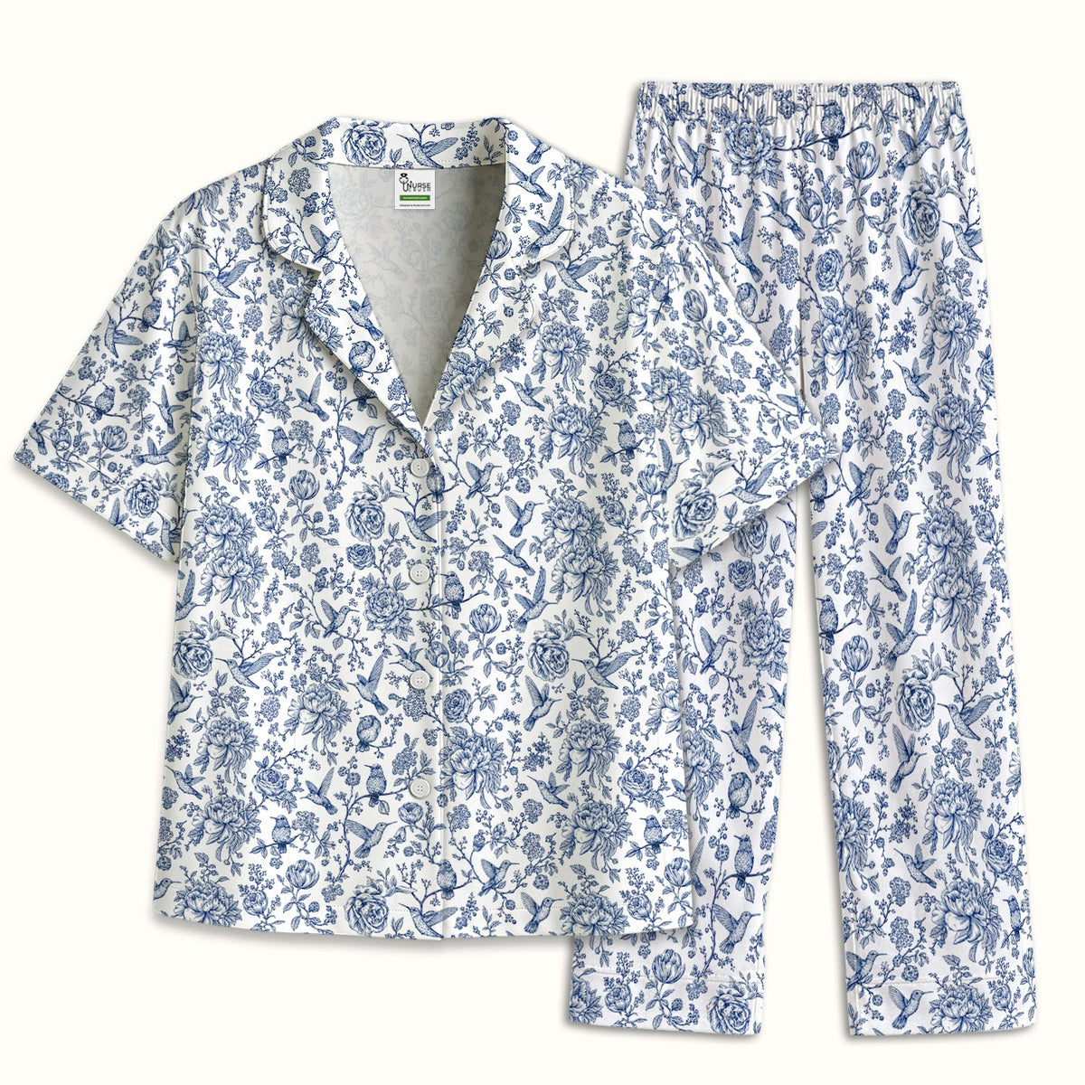 Blue Toile Hummingbird Floral Nurse Pajama Set