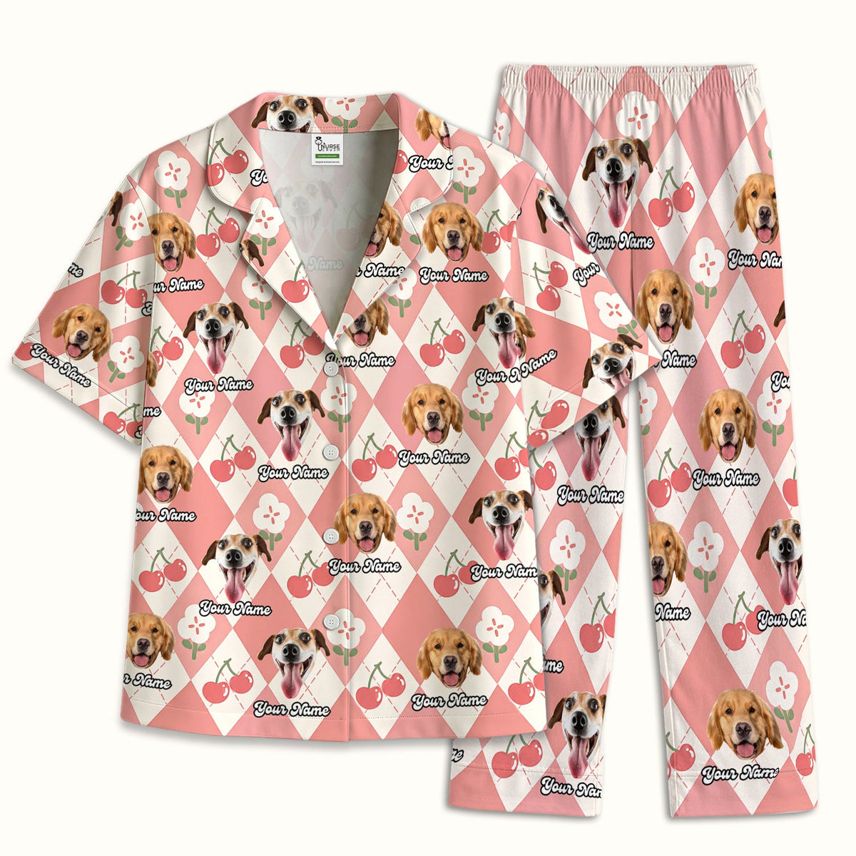 Dog Face Cherry Argyle Pajama Set