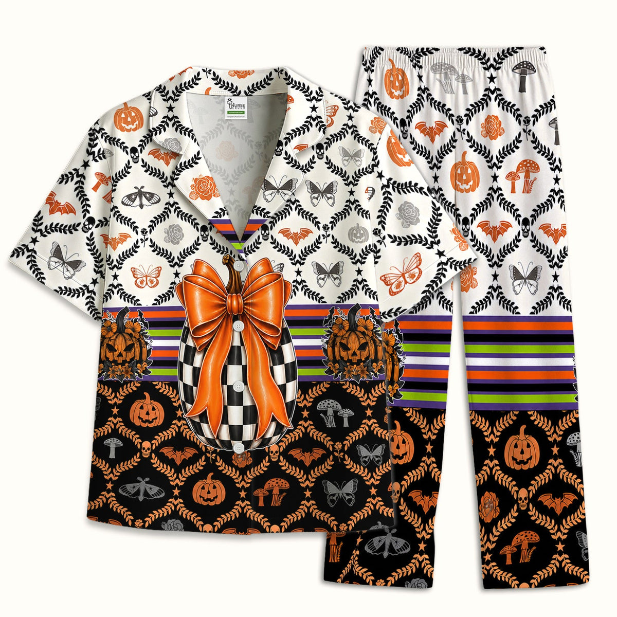 Checkered Pumpkin Bow Pajama Set - Halloween Gift For Nurse