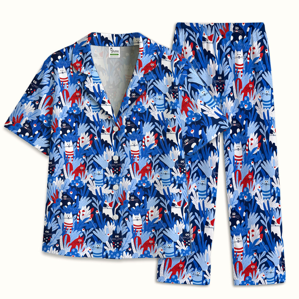 Cats Among Blue Foliage Nurse Pajama Set