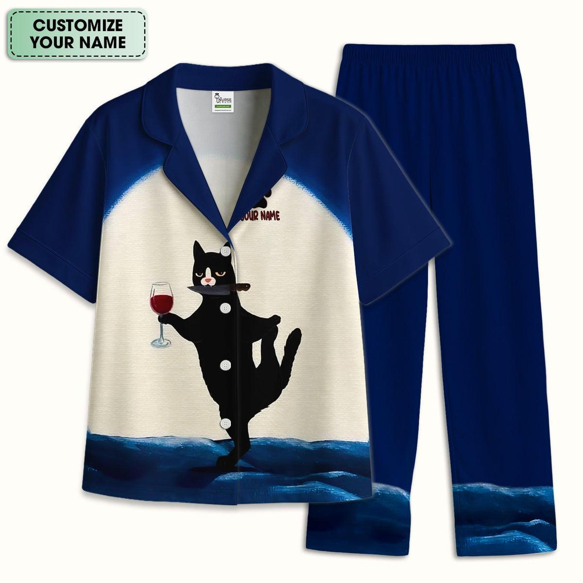 Personalized Cat Wine Glass Knife Pajama Set