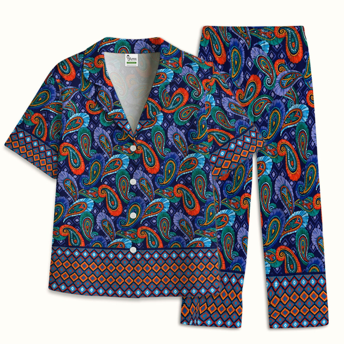 Colorful Paisley Geometric Border Pajama Set