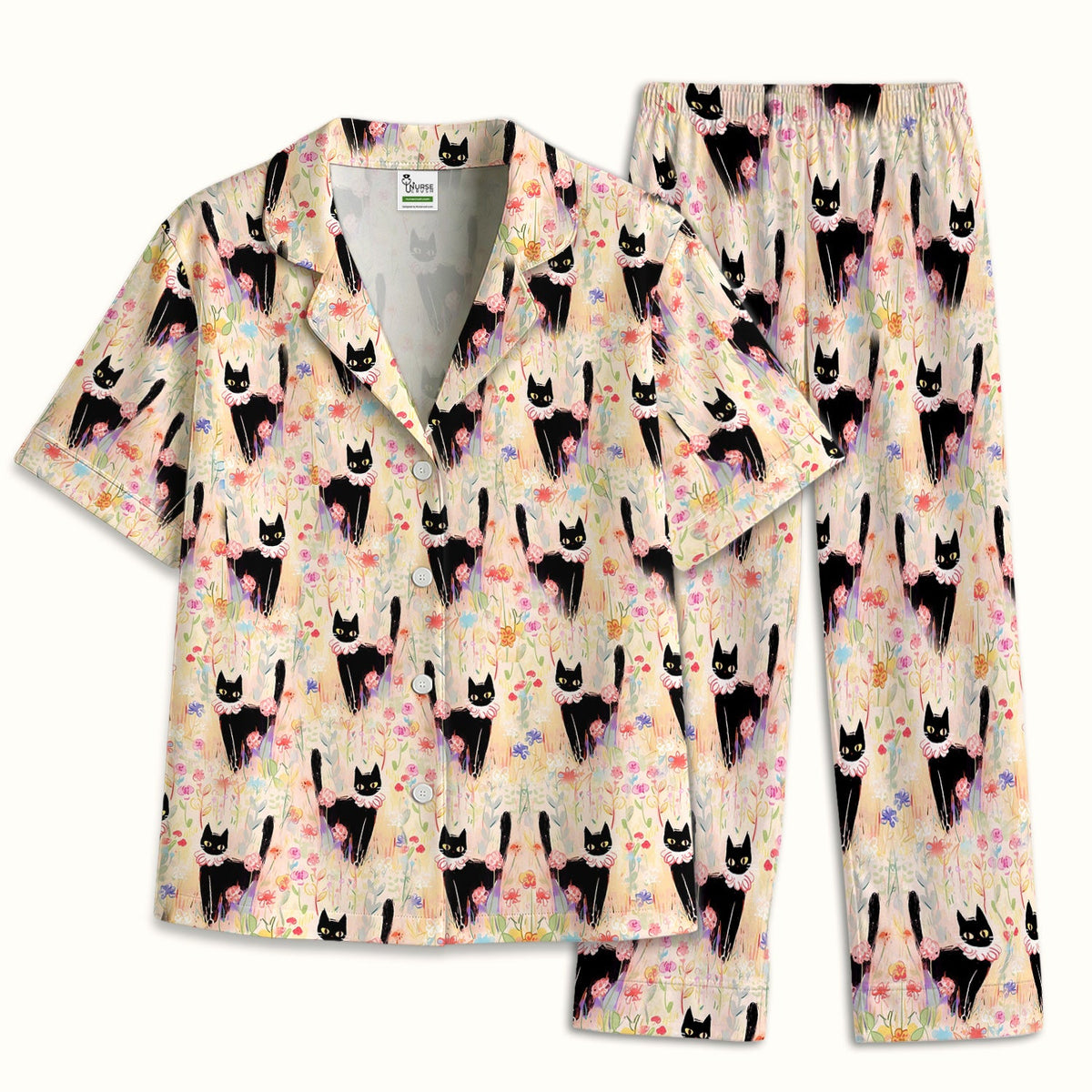 Black Cat Floral Garden Pajama Set