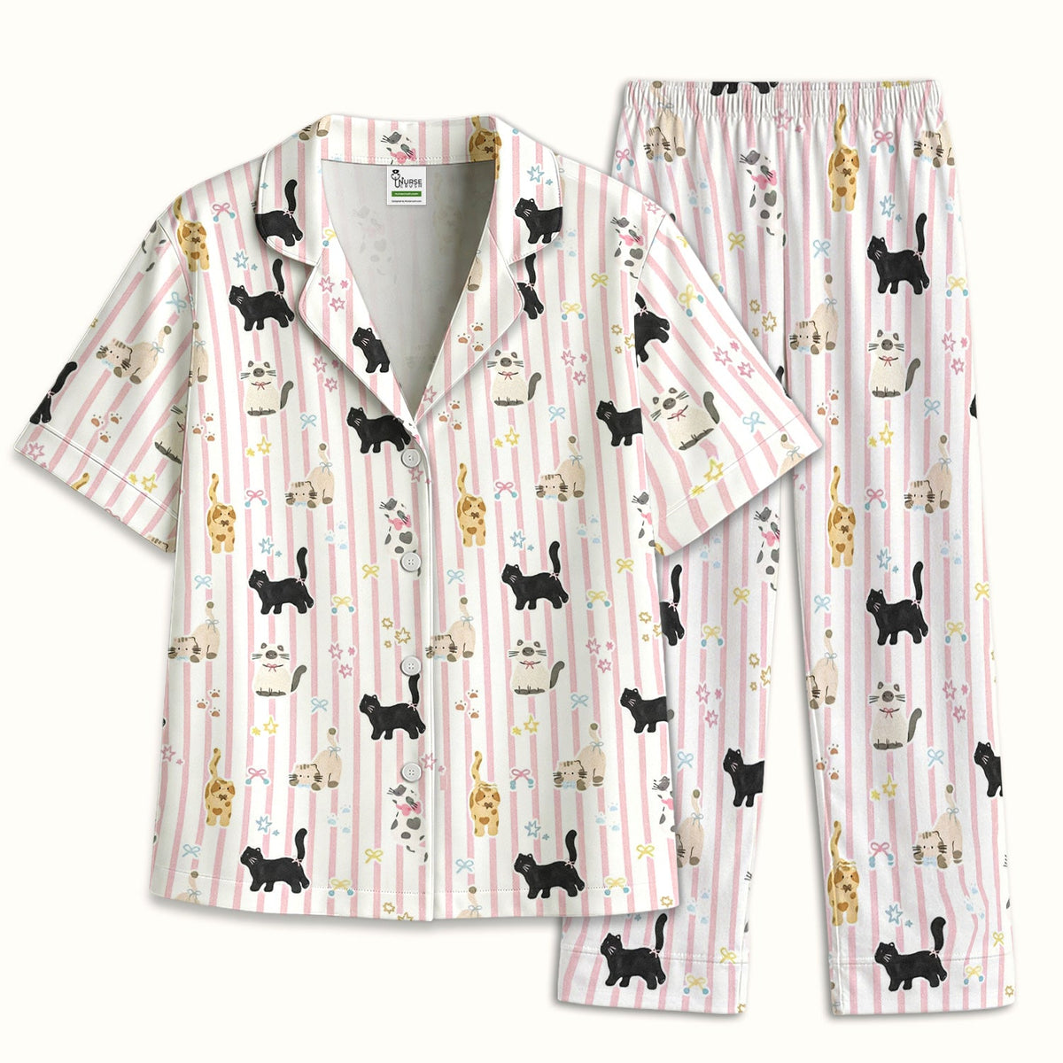 Playful Cat Stripe Ribbon Pajama Set