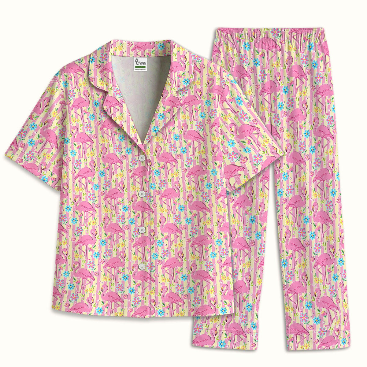 Pink Flamingo Flower Stripe Pajama Set
