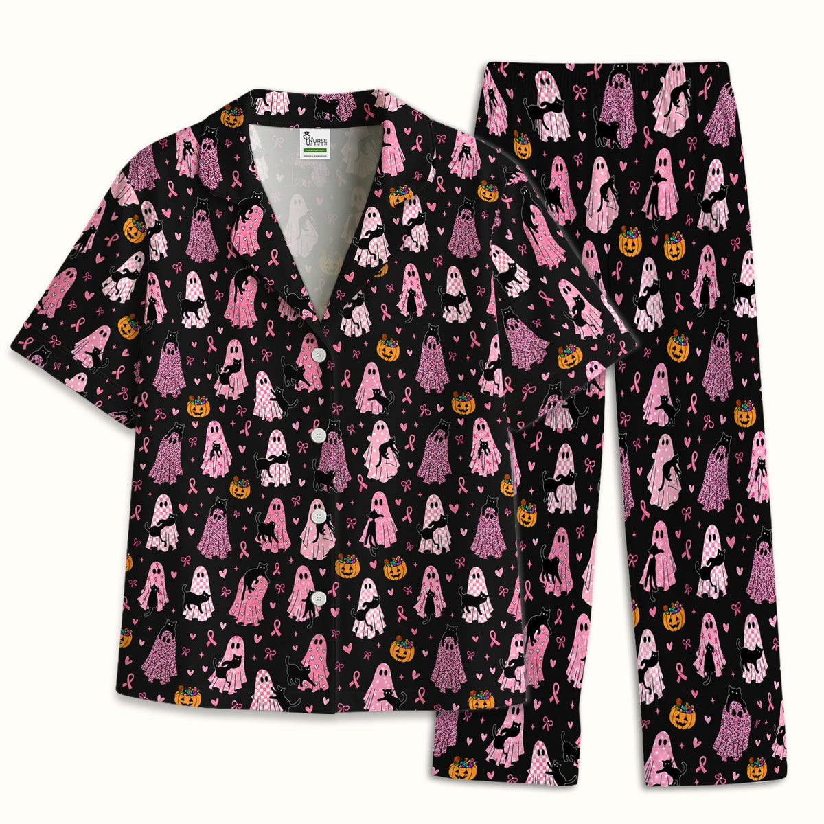 Breast Cancer Awareness Ghost Cat Nurse Pajama Set