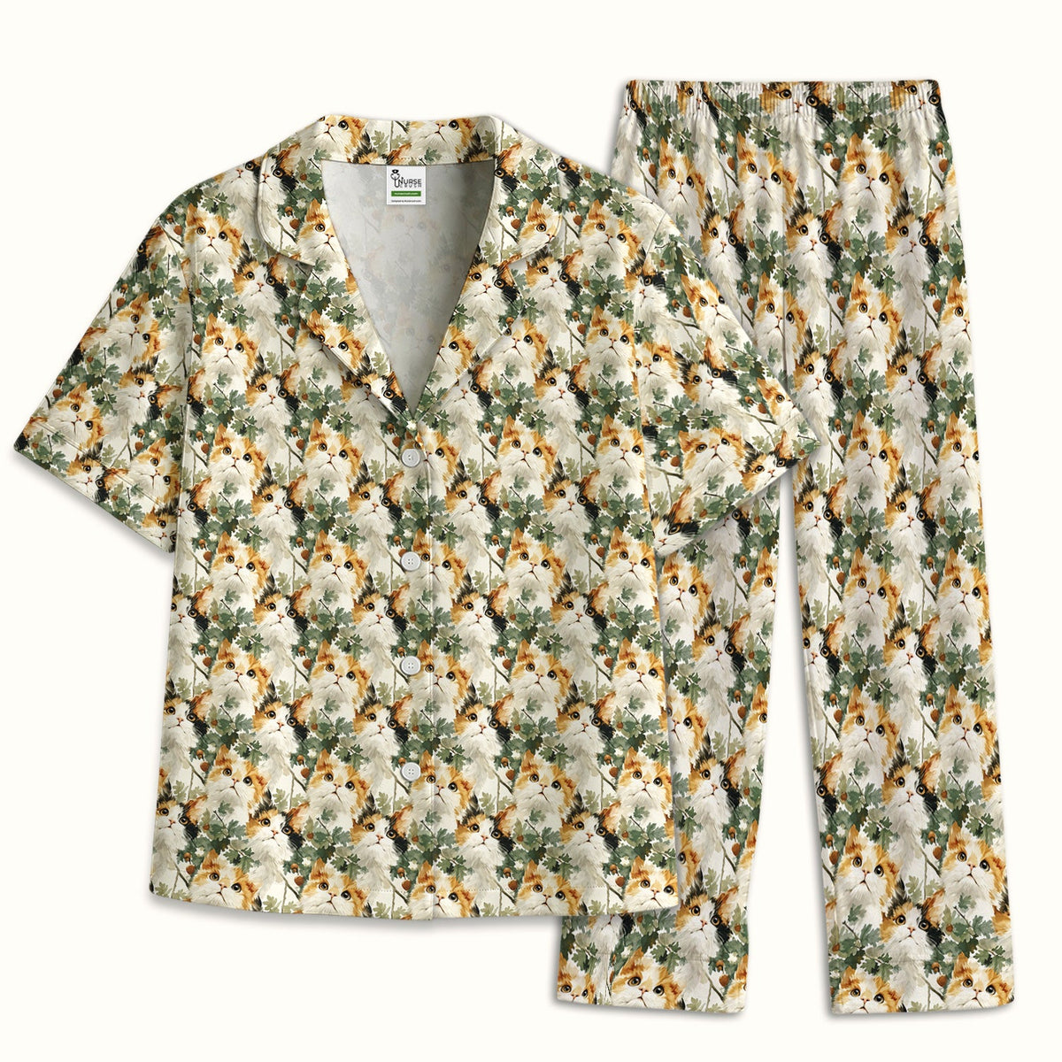 Fluffy Calico Cat Oak Leaves Pajama Set