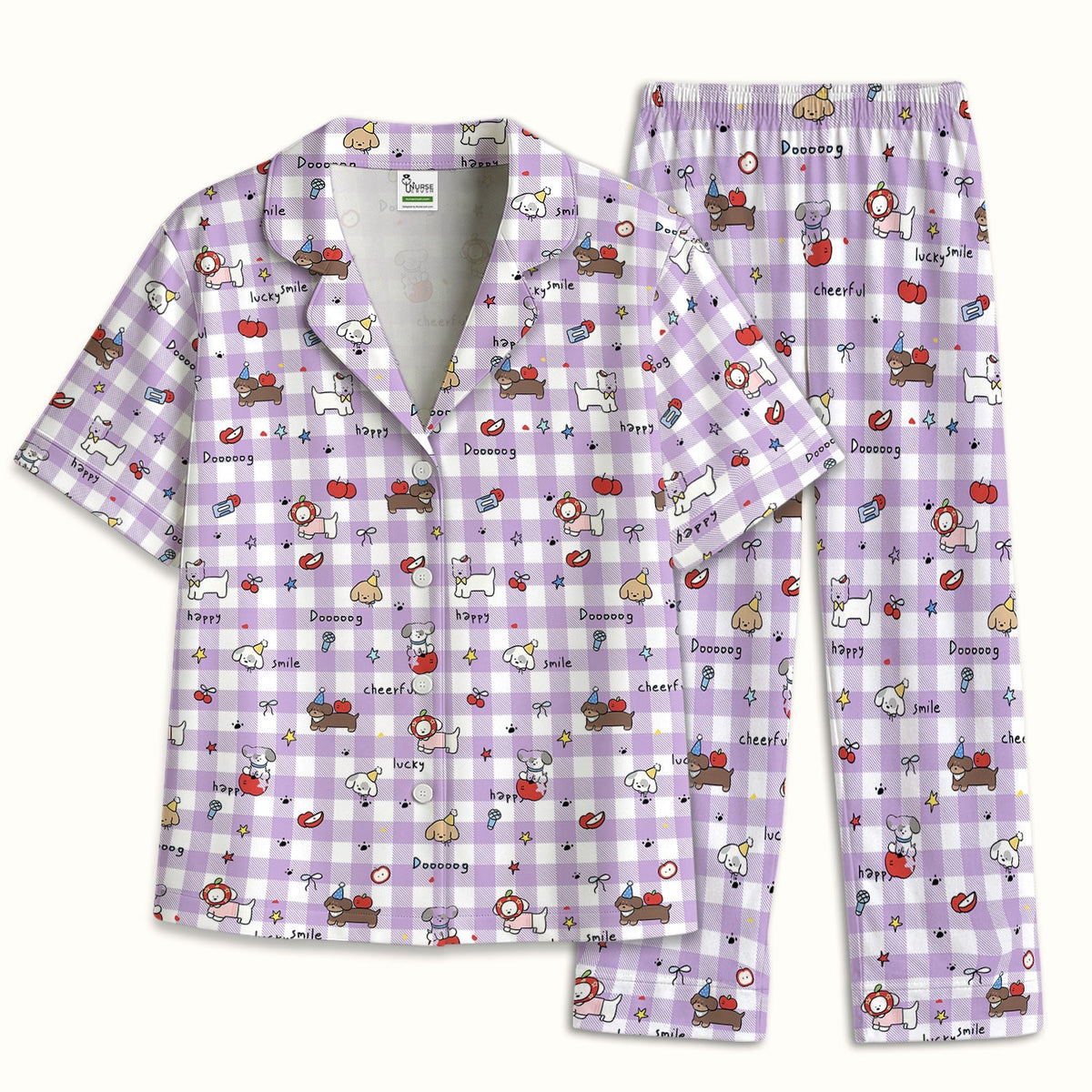 Cartoon Puppy Apple Gingham Pajama Set