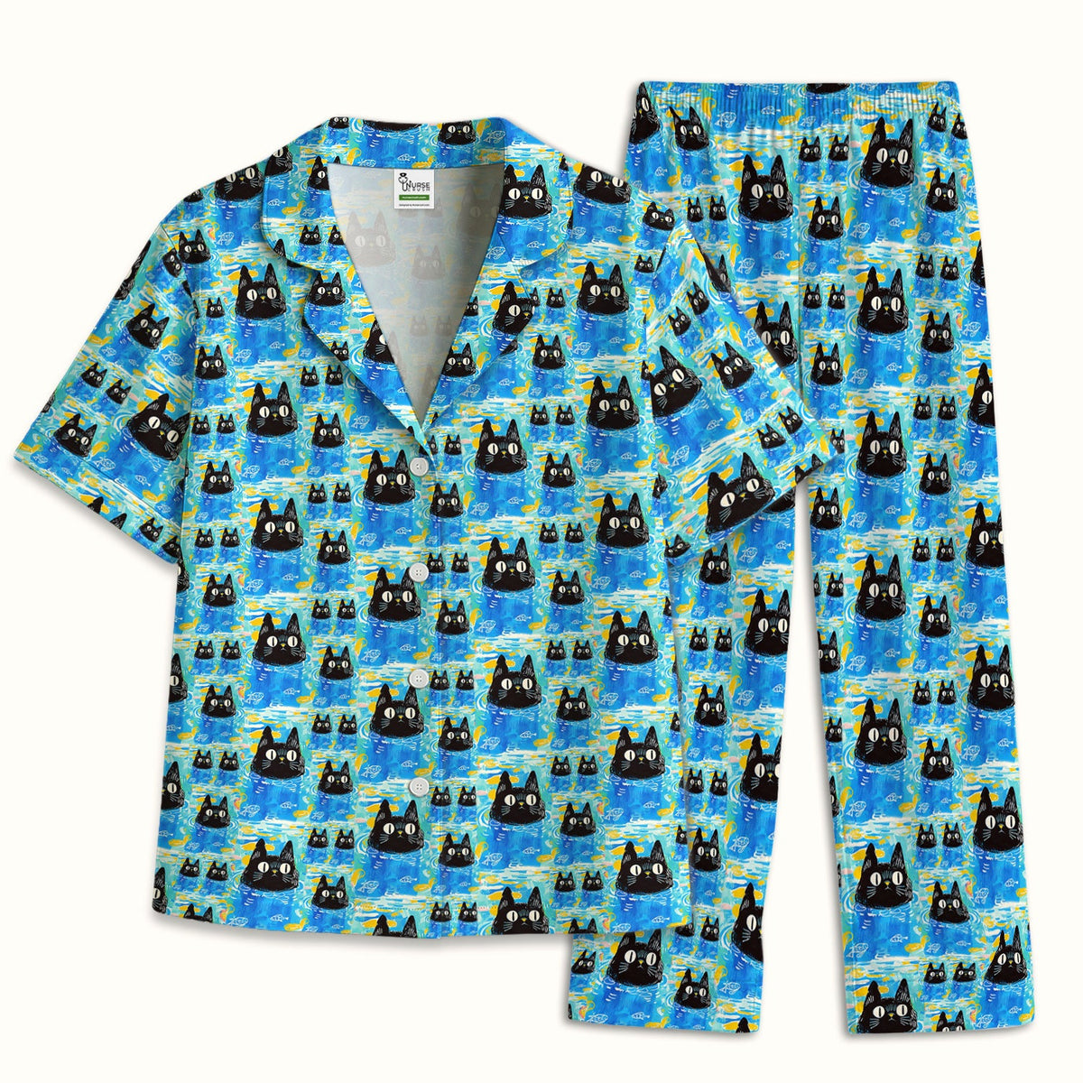 Black Cat Swimming In Blue Water Pajama Set