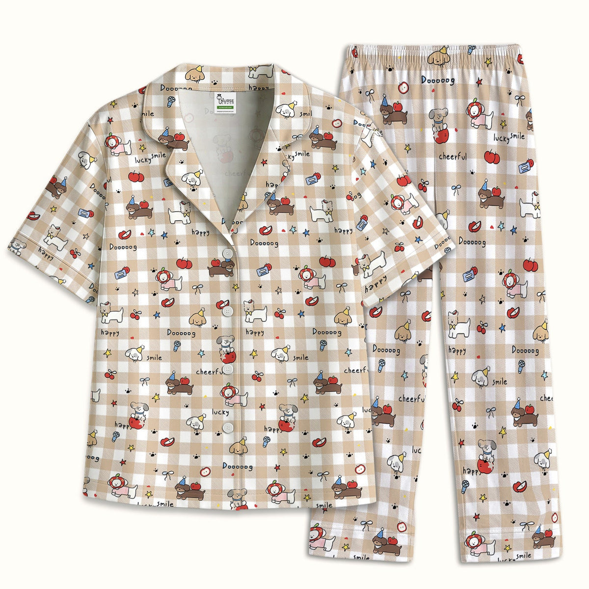 Cartoon Puppy Apple Gingham Pajama Set