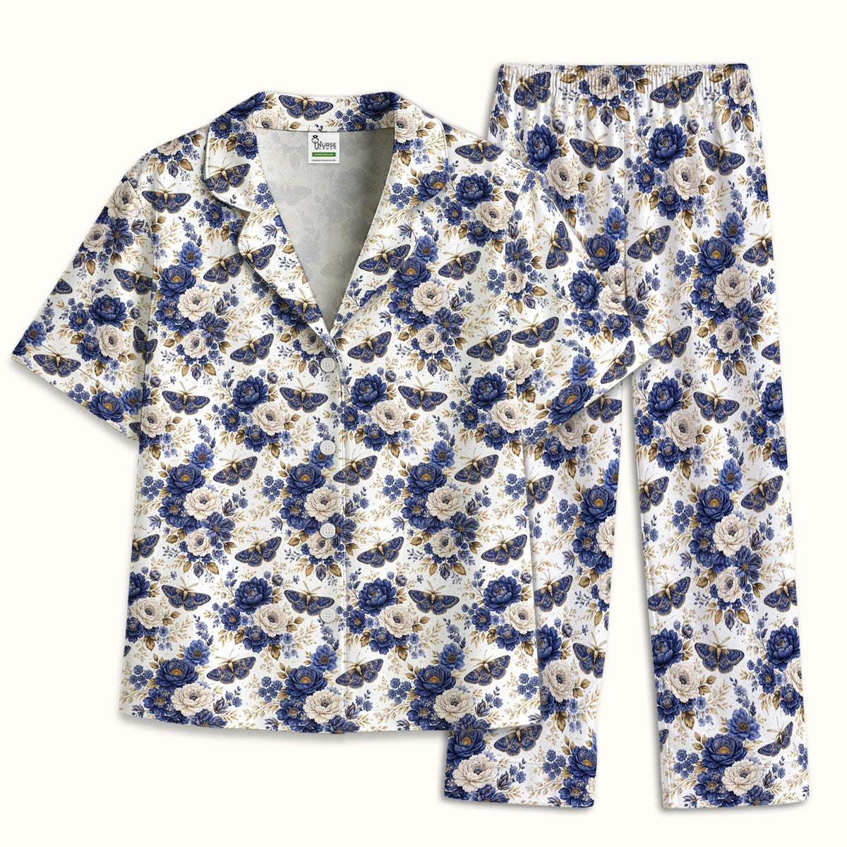 Cute Blue Floral Moth Pajama Set
