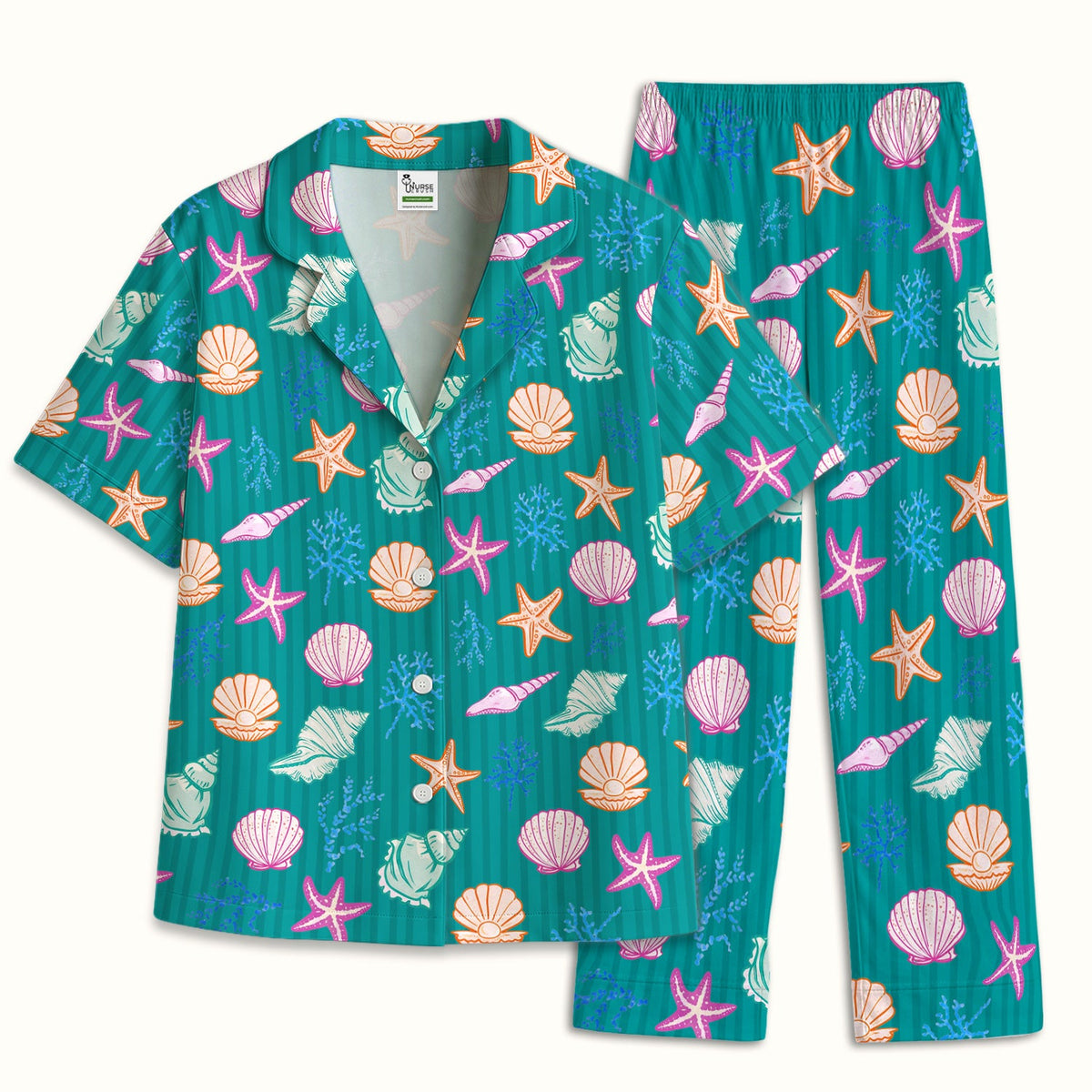 Colorful Seashell Starfish Ocean Stripe Pajama Set
