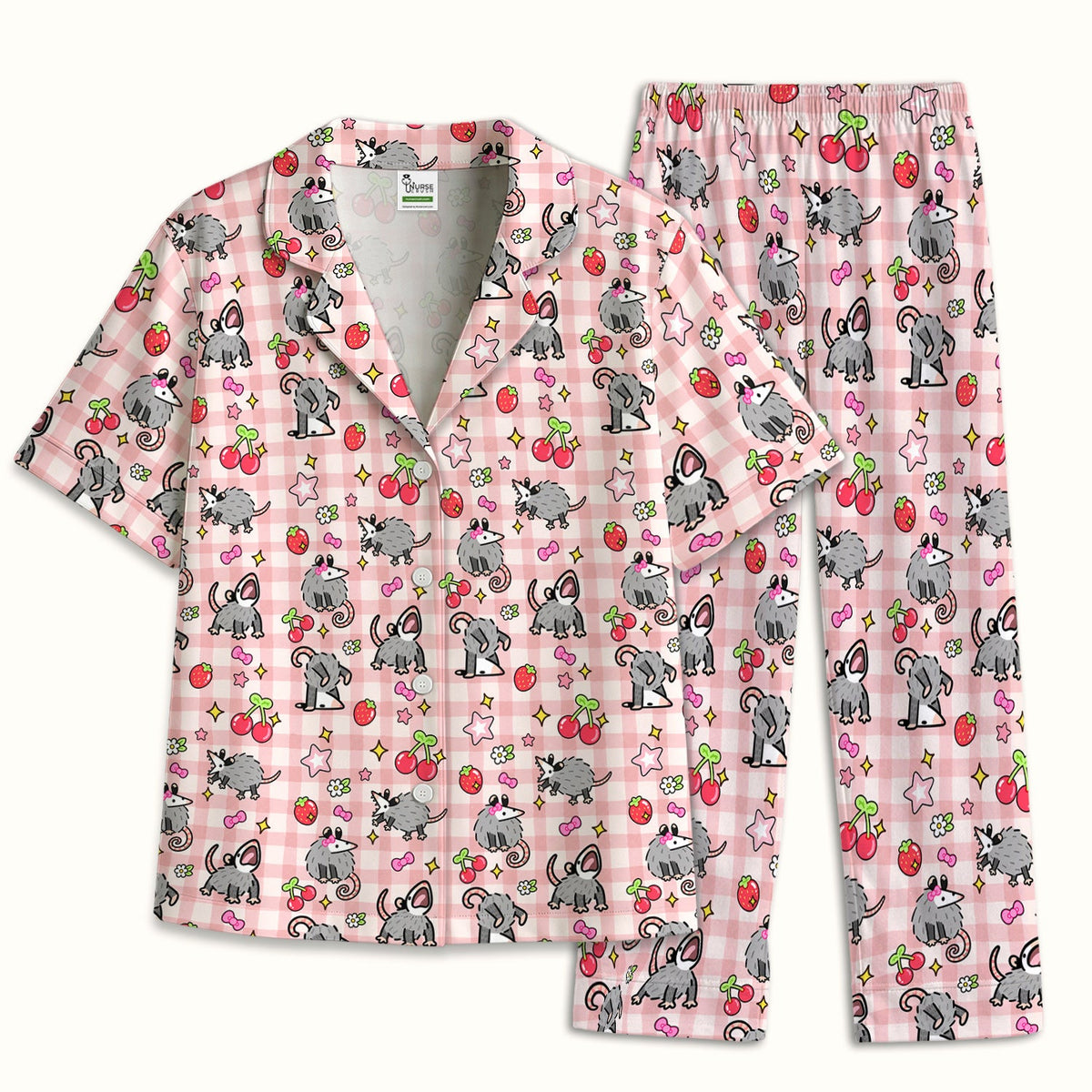 Opossum And Cherries Gingham Pajama Set