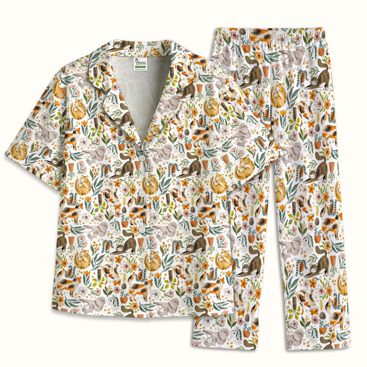 Cat Wildflower Garden Nurse Pajama Set