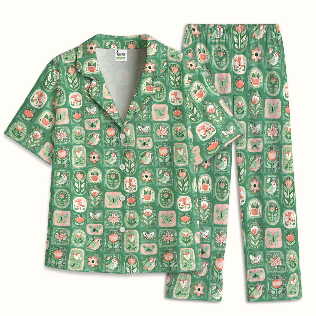 Folk Art Floral Bird Butterfly Garden Pajama Set