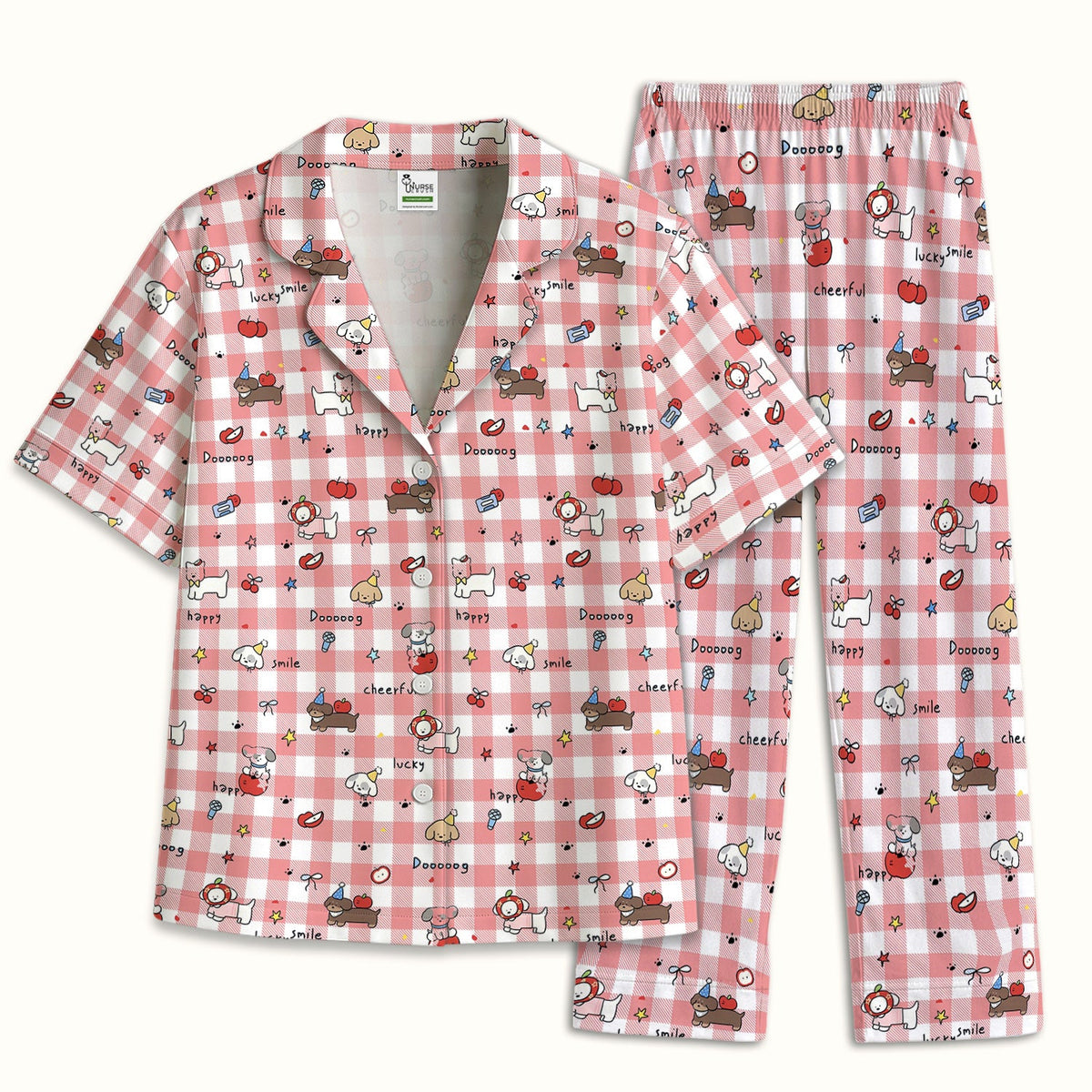 Cartoon Puppy Apple Gingham Pajama Set