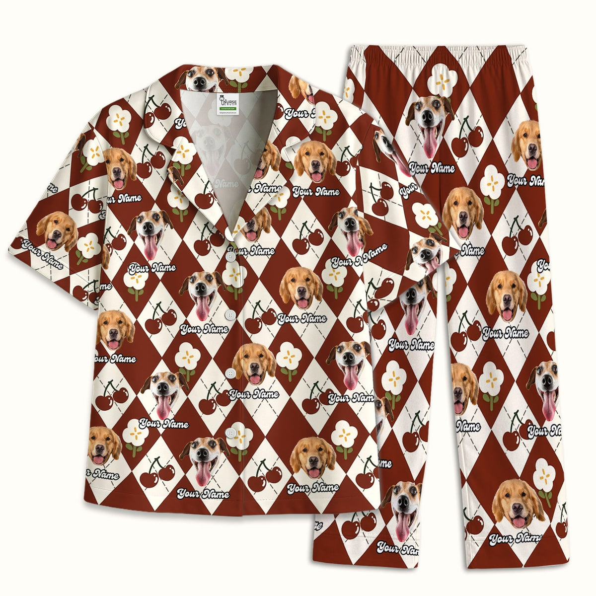 Dog Face Cherry Argyle Pajama Set