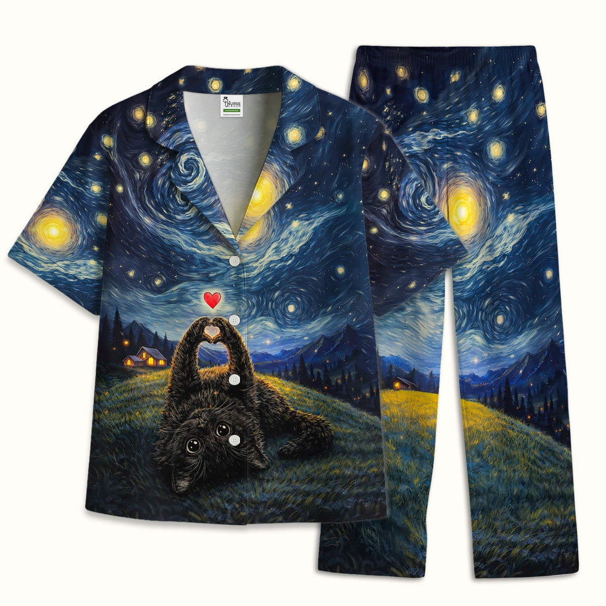 Starry Night Black Cat Heart Pajama Set