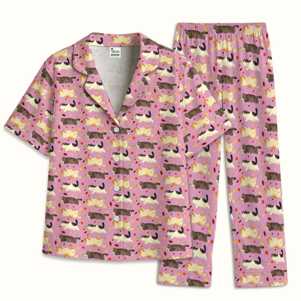Personalized Chubby Cat Autumn Leaves Pajama Set